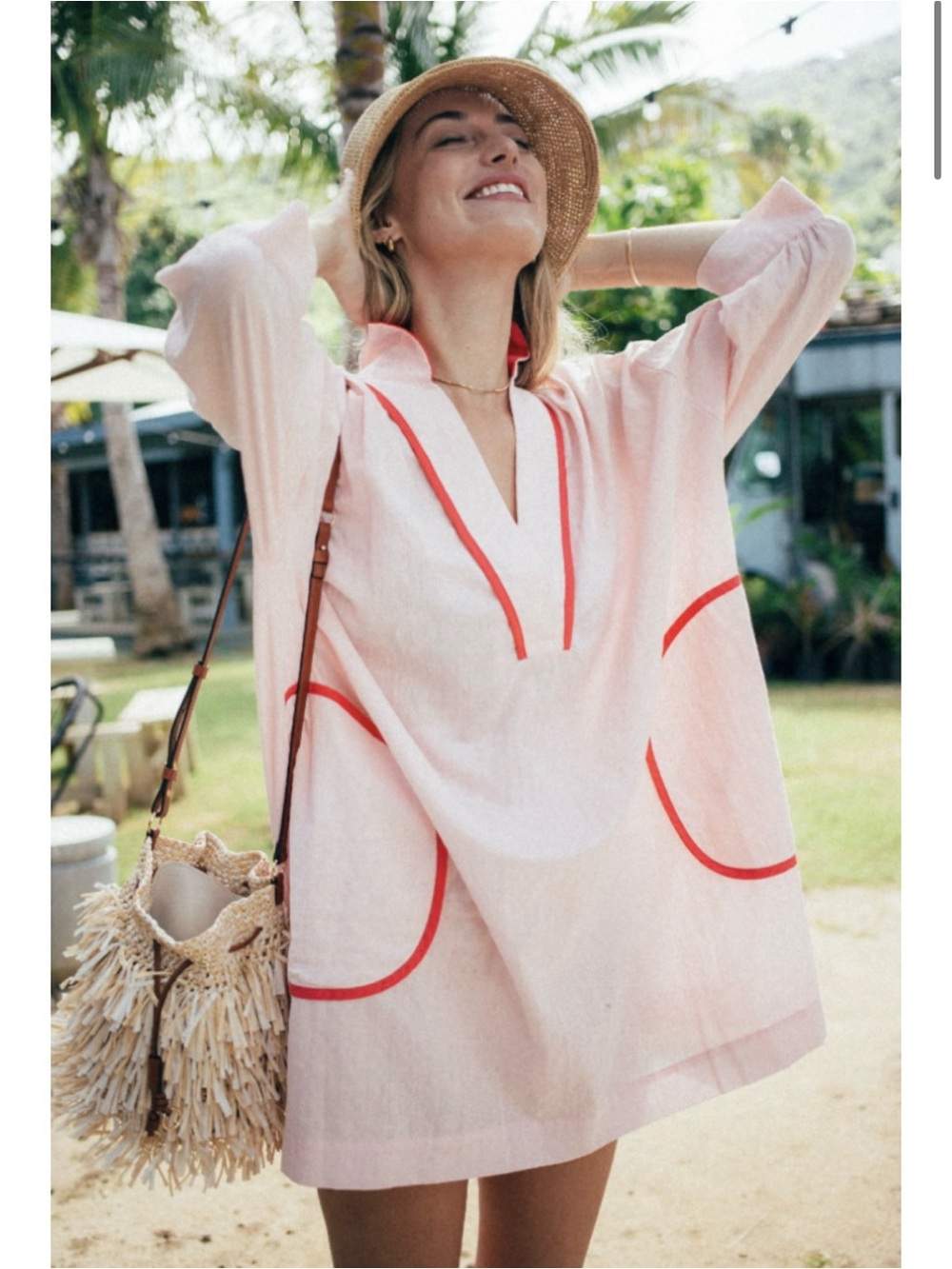 Light Pink Beach Cover-Up Tunic with Red Trim